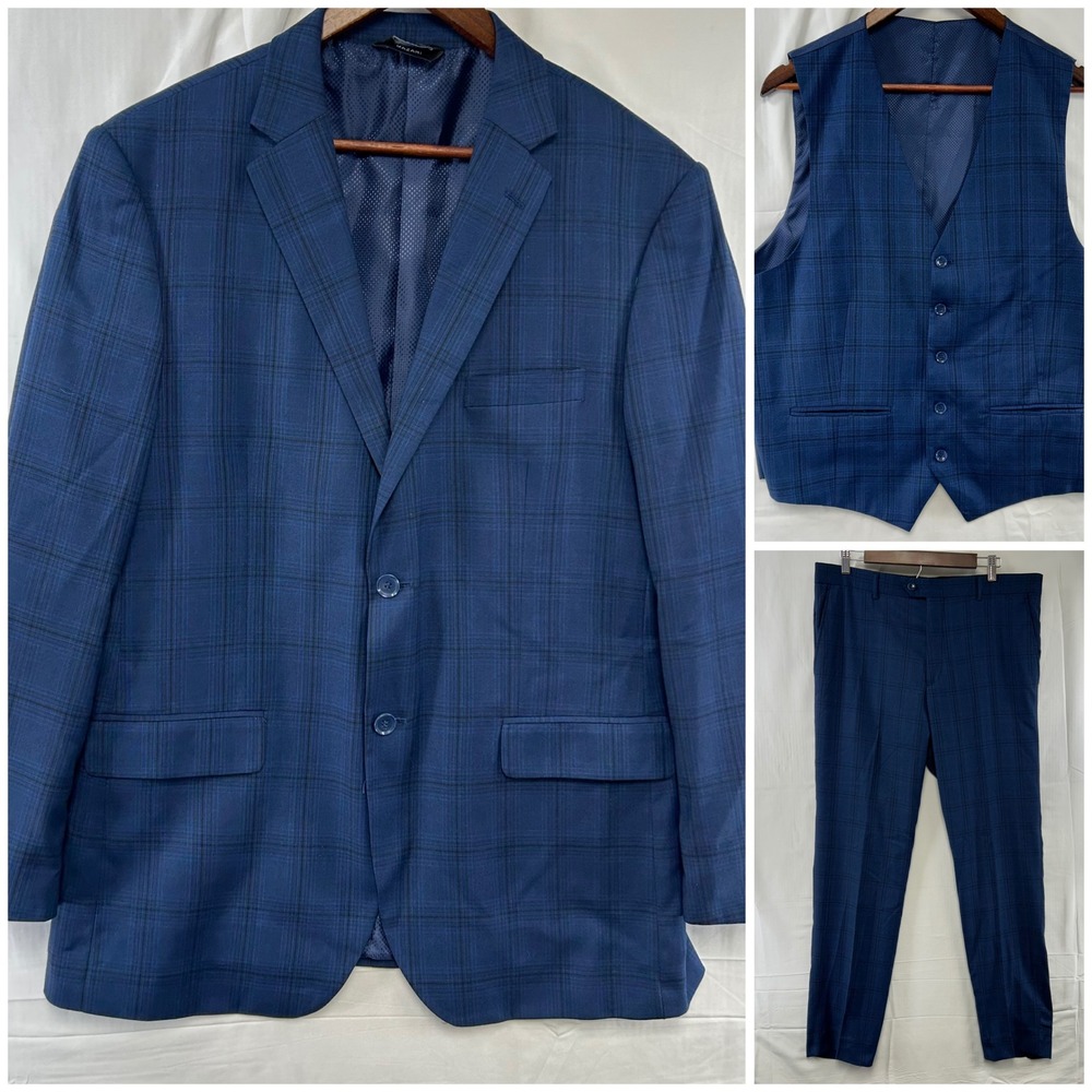 Mazari 3-Piece Suit Mens 44L 36x32 Blue Plaid Performance Blazer Vest Pant